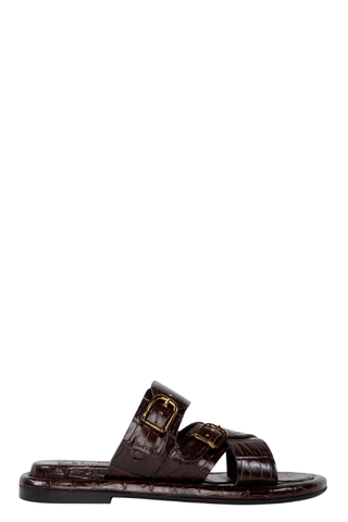 Dark brown croc embossed leather slide sandal with gold buckle straps from Homers