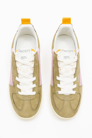 ONCEPT Fez Sneaker in Khaki featuring an earthy khaki upper with pink and neutral accents, lace-up design, and lightweight sole.