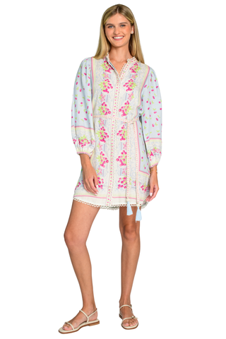 Elizabeth James Sadie Dress Cherries blue mini dress with cherry print and long sleeves