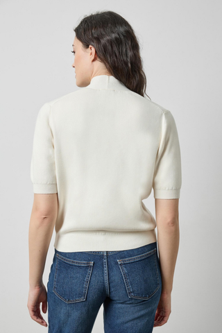 Lilla P V-Neck Elbow Sleeve Sweater in Ivory featuring a soft ivory knit, V-neckline, elbow-length sleeves, and relaxed fitted silhouette.