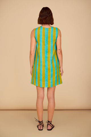 Sleeveless citrus striped mini shift dress in green and turquoise tones by Olivia by Livro