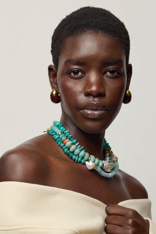 Lizzie Fortunato Cabana Necklace in Calder Garden featuring amazonite, aquamarine, freshwater pearls, and colorful gemstone beads.