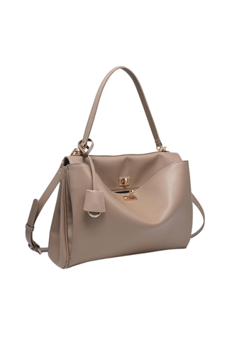 Urban Expressions Keaton Satchel in Taupe featuring smooth vegan leather, gold-tone turn-lock hardware, a structured silhouette, top handle, and detachable shoulder strap.