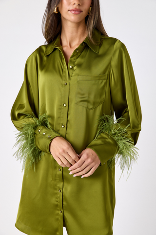 Crosby Crawford Dress in Martini green featuring a collared neckline, button-front design, long sleeves, and feather-trimmed cuffs.