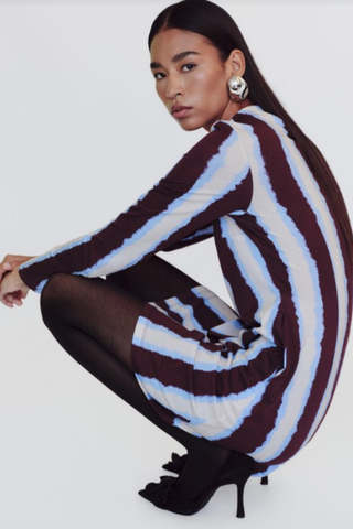 De Loreta Kira Dress in Campo featuring a striped print, long sleeves, high neckline, and mini silhouette.