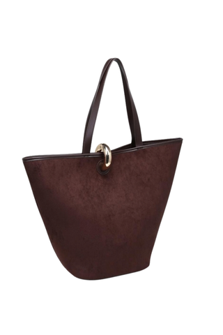 Urban Expressions Raelynn Tote in Chocolate featuring soft brown faux suede, slim shoulder straps, gold-tone hardware, and a structured tote silhouette.