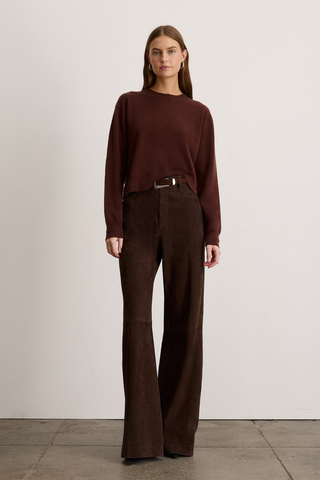 Tanya Taylor Lexia Cashmere Sweater in Deep Redwood featuring a classic crew neckline, long sleeves, and rich dark brown-red color.