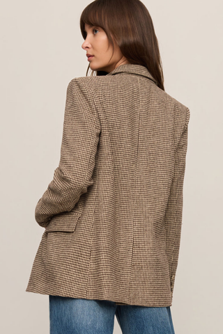 Z Supply Evan Check Blazer in Dark Chocolate brown houndstooth featuring a relaxed fit, notch collar, button front, and flap pockets.