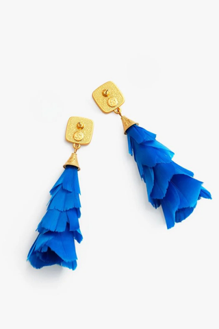 Brackish Sheridan Statement Earrings featuring layered royal blue goose feathers, peacock feather accents, and 24k gold plated stud earrings