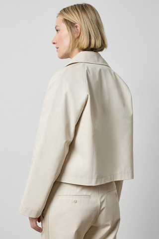 Lilla P Short Blazer in Porcelain featuring a cropped double-breasted silhouette, notch lapels, and structured cotton twill.