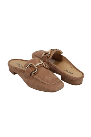 Pair of brown suede shoes with gold buckles on a white background