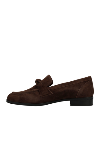 Brown suede Kaye Loafer with apron toe, knotted keeper strap, and low stacked heel.