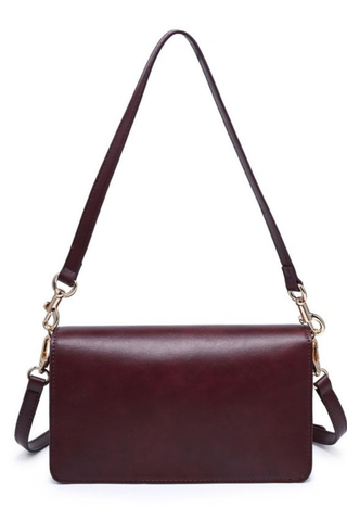 Urban Expressions Coco Crossbody in Wine featuring a structured vegan leather silhouette, flap front, buckle detail, and detachable strap.
