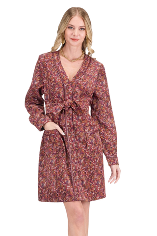 Jade V-Neck Button Trimmed Dress in Wanderloom featuring a warm multicolor print, V-neckline, long sleeves, and mini silhouette.