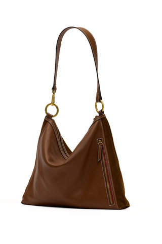 Hammitt Kyle Lrg Handbag in Cinnamon Suede featuring warm brown suede, gold-tone rivets, leather trim, and a slouchy hobo shape.
