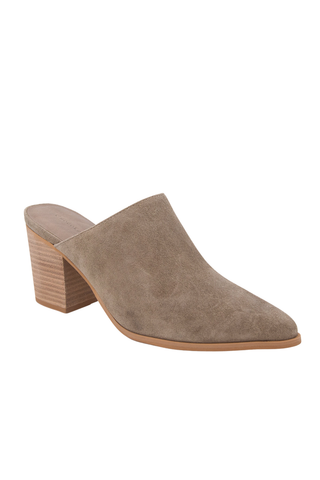 Toffee suede pointed-toe mule with a stacked 3-inch block heel.