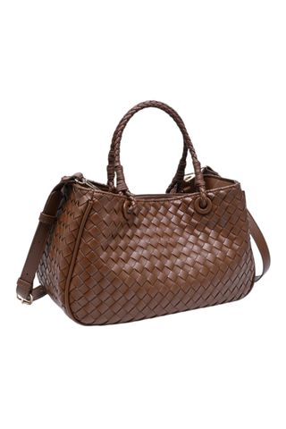 Urban Expressions Karym Satchel in Chocolate featuring woven brown vegan leather, braided top handles, a structured silhouette, and an adjustable detachable shoulder strap.