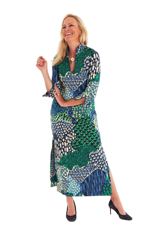 C.K. Bradley Rollins Dress in Popplet Blue Spruce featuring a colorful blue and green mixed print, mandarin collar, and midi-maxi silhouette.