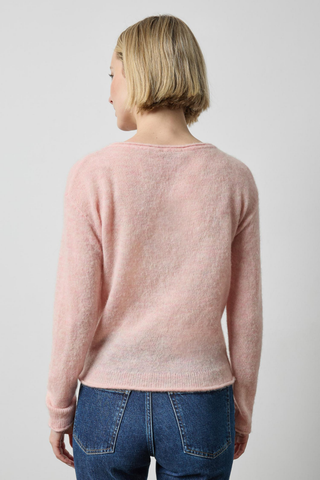 Lilla P Featherweight Crewneck Sweater in Petal featuring a soft pink semi-sheer wool-alpaca knit, long sleeves, and relaxed silhouette.