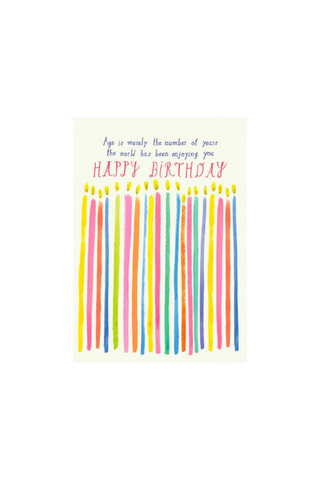 A birthday greeting card featuring a row of colorful candles on a cream background, with the text 'Age is mainly the number of years the world has been enjoying you' and 'HAPPY BIRTHDAY' in pink lettering.