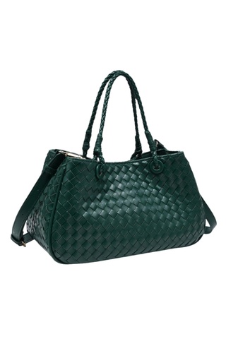 Urban Expressions Karym Satchel in Emerald featuring rich green woven vegan leather, braided top handles, a structured silhouette, and an adjustable detachable shoulder strap.