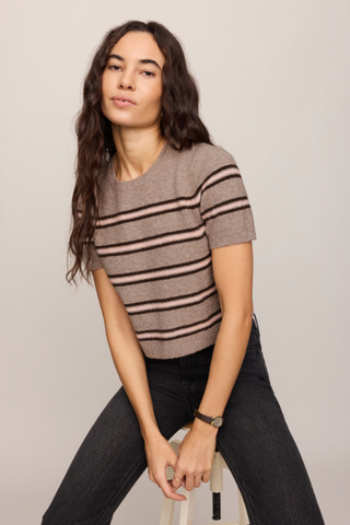 Z Supply Gatewood Stripe Sweater in Heather Ash featuring a lightweight striped knit and short sleeves.