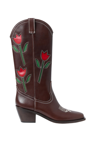 Loeffler Randall Wilder Cowboy Boot in espresso brown leather with red and green floral tulip inlay and block heel.