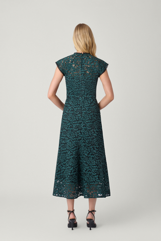 Shoshanna Raven Midi Dress in Spruce and Jet featuring corded lace, a scalloped neckline, cap sleeves, sheer yoke, and flared midi skirt.