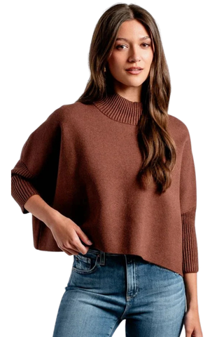 Kerisma Aja Sweater in Heather Brown featuring a relaxed silhouette, high neckline, wide sleeves, and softly cropped hem.