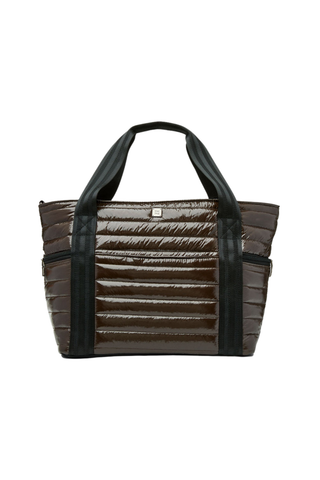 Think Royln Jetset Wingman Bag in glossy chocolate brown with black trim, handles, and quilted detailing.