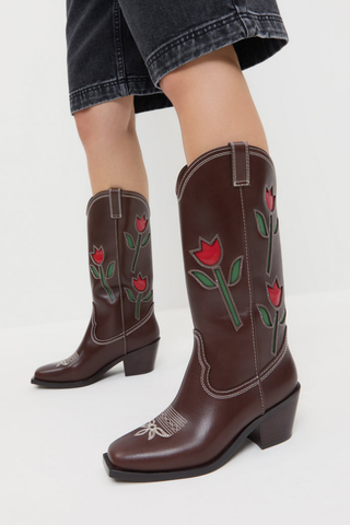 Loeffler Randall Wilder Cowboy Boot in espresso brown leather with red and green floral tulip inlay and block heel.