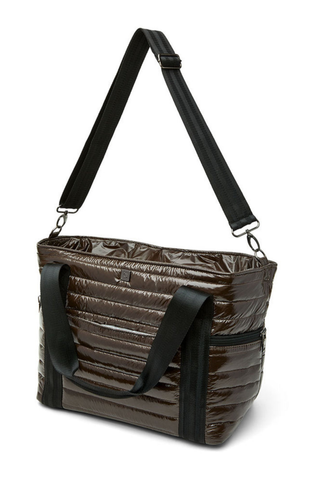 Think Royln Jetset Wingman Bag in glossy chocolate brown with black trim, handles, and quilted detailing.