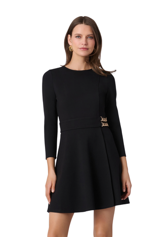 Shoshanna Rachel Dress in Jet featuring a black stretch ponte fabrication, three-quarter sleeves, fit-and-flare silhouette, and gold waist accents.
