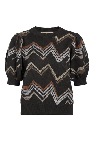 Marie Oliver Maddie Top in Electric featuring a multicolored neutral zigzag knit pattern, short puff sleeves, and ribbed crew neckline.