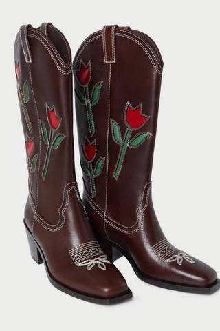 Loeffler Randall Wilder Cowboy Boot in espresso brown leather with red and green floral tulip inlay and block heel.