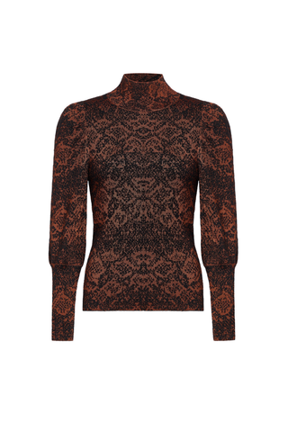 Roxi Top in Oxide featuring a rust and black abstract print, fitted turtleneck silhouette, and pleated puff sleeves.