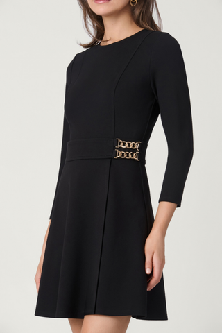 Shoshanna Rachel Dress in Jet featuring a black stretch ponte fabrication, three-quarter sleeves, fit-and-flare silhouette, and gold waist accents.