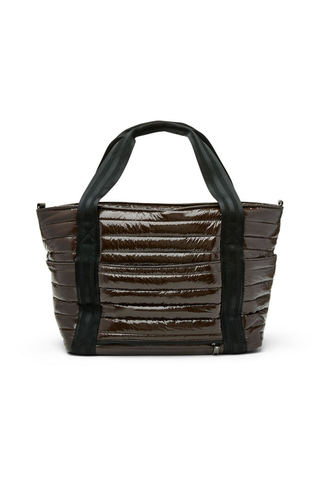 Think Royln Jetset Wingman Bag in glossy chocolate brown with black trim, handles, and quilted detailing.
