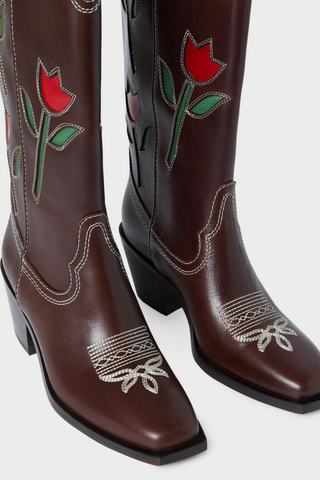 Loeffler Randall Wilder Cowboy Boot in espresso brown leather with red and green floral tulip inlay and block heel.