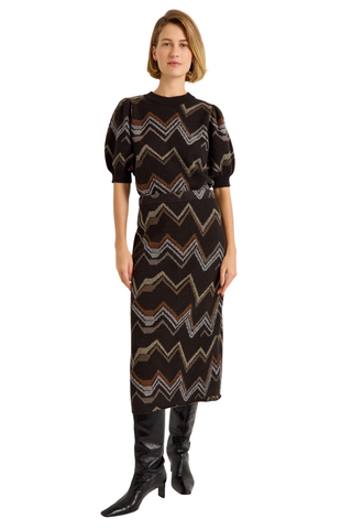 Marie Oliver Lizette Skirt in Electric featuring a multicolored neutral zigzag knit pattern, elastic waistband, and midi pencil silhouette.