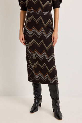 Marie Oliver Lizette Skirt in Electric featuring a multicolored neutral zigzag knit pattern, elastic waistband, and midi pencil silhouette.