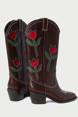 Loeffler Randall Wilder Cowboy Boot in espresso brown leather with red and green floral tulip inlay and block heel.