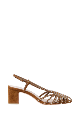 Loeffler Randall Priscilla Slingback Heel in cacao brown suede with silver stud detailing, slingback strap, and block heel.
