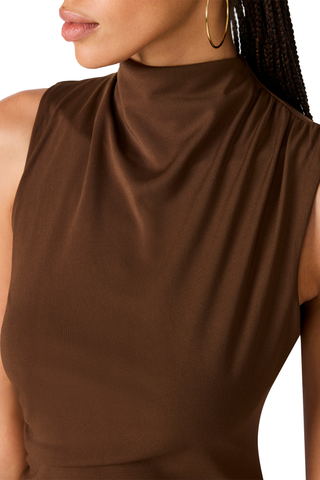 Steve Madden Mo Dress in Coco, a sleeveless chocolate brown midi dress with a draped neckline and gathered waist.