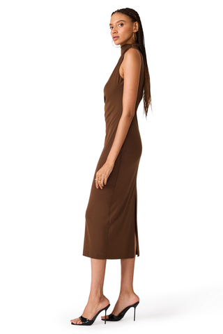 Steve Madden Mo Dress in Coco, a sleeveless chocolate brown midi dress with a draped neckline and gathered waist.