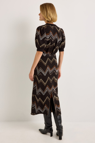 Marie Oliver Lizette Skirt in Electric featuring a multicolored neutral zigzag knit pattern, elastic waistband, and midi pencil silhouette.