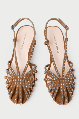 Loeffler Randall Priscilla Slingback Heel in cacao brown suede with silver stud detailing, slingback strap, and block heel.