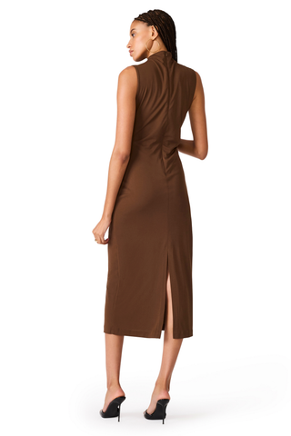 Steve Madden Mo Dress in Coco, a sleeveless chocolate brown midi dress with a draped neckline and gathered waist.