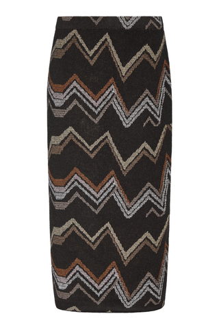 Marie Oliver Lizette Skirt in Electric featuring a multicolored neutral zigzag knit pattern, elastic waistband, and midi pencil silhouette.