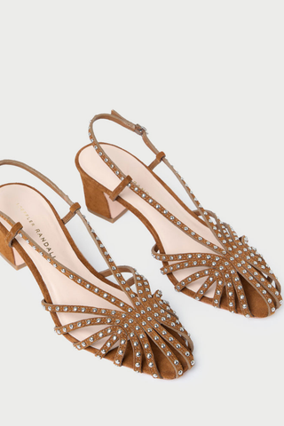 Loeffler Randall Priscilla Slingback Heel in cacao brown suede with silver stud detailing, slingback strap, and block heel.